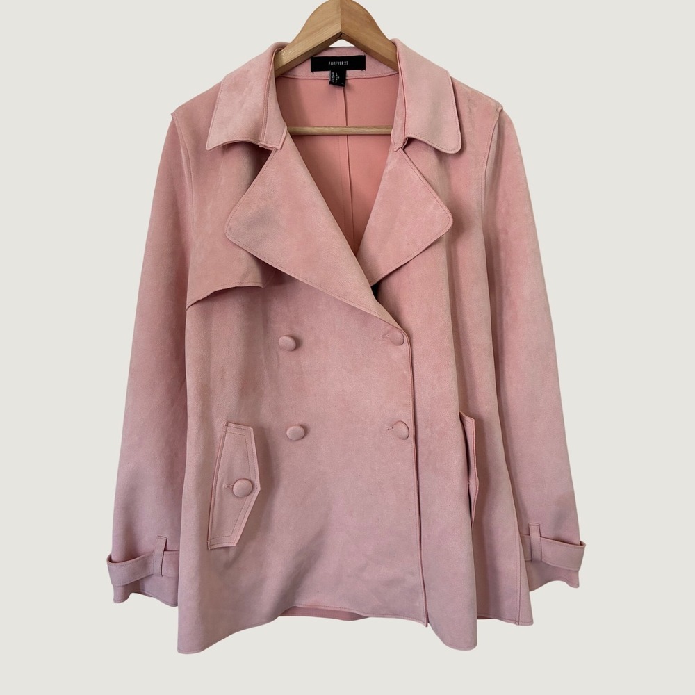 Forever 21 Pink Faux Suede Double Breasted Trench Coat‎ Jacket Womens L Feminine